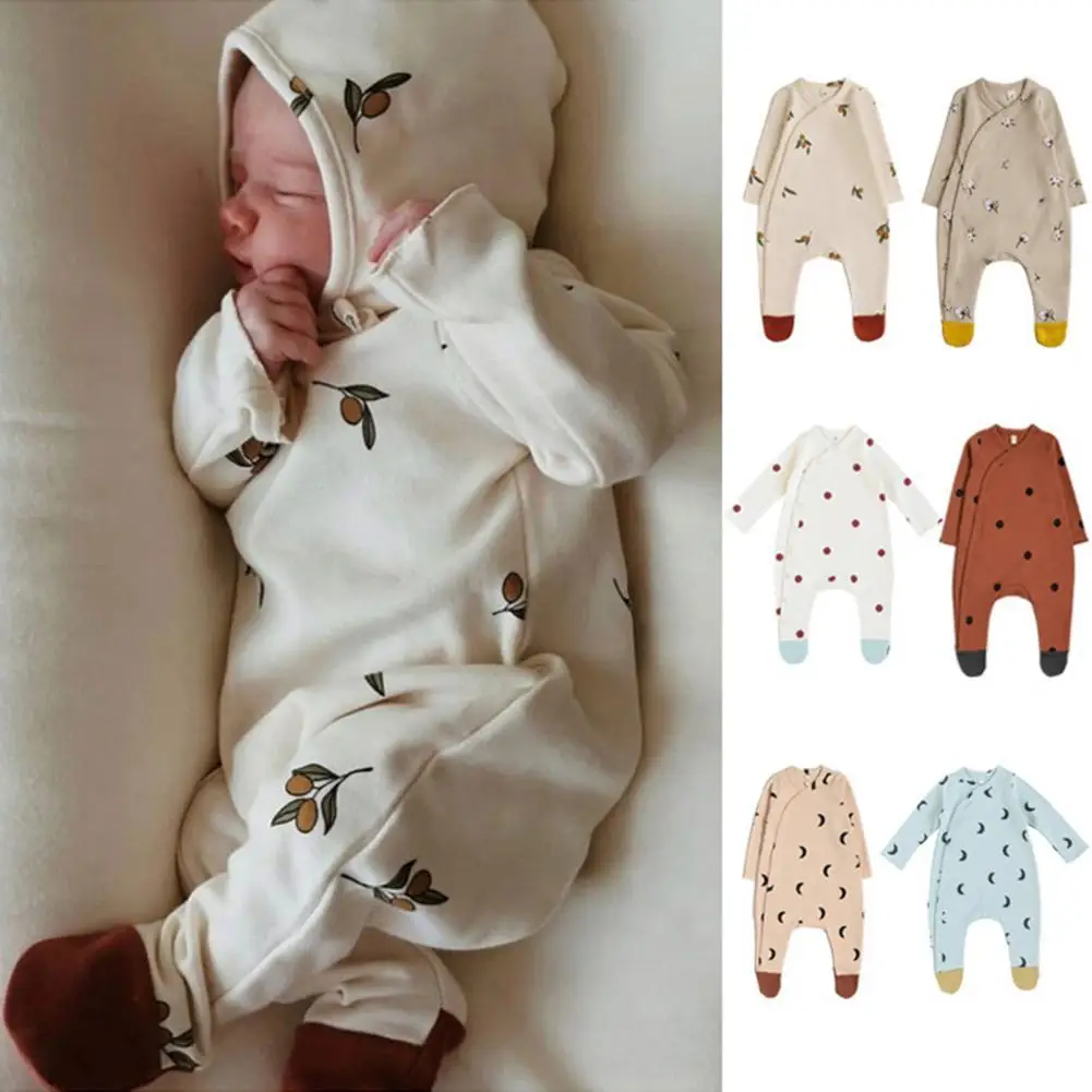 Baby Pajamas Fade-resistant Full Open Button Design Cotton Dot Moon Plant Printed Newborn Jumpsuit for Daily