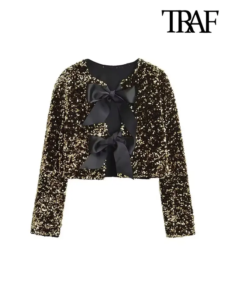 TRAF-Women's Long Sleeve Sequined Cropped Jacket, O Neck Coat, Female Outerwear, Chic Tops, Bow Tied 6