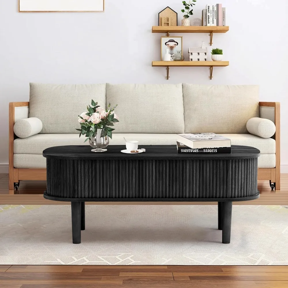 Fluted Lift Top Coffee Table with Hidden Compartment, Fully Assembled Wooden Center Table, Modern Oval Lift Tabletop 6