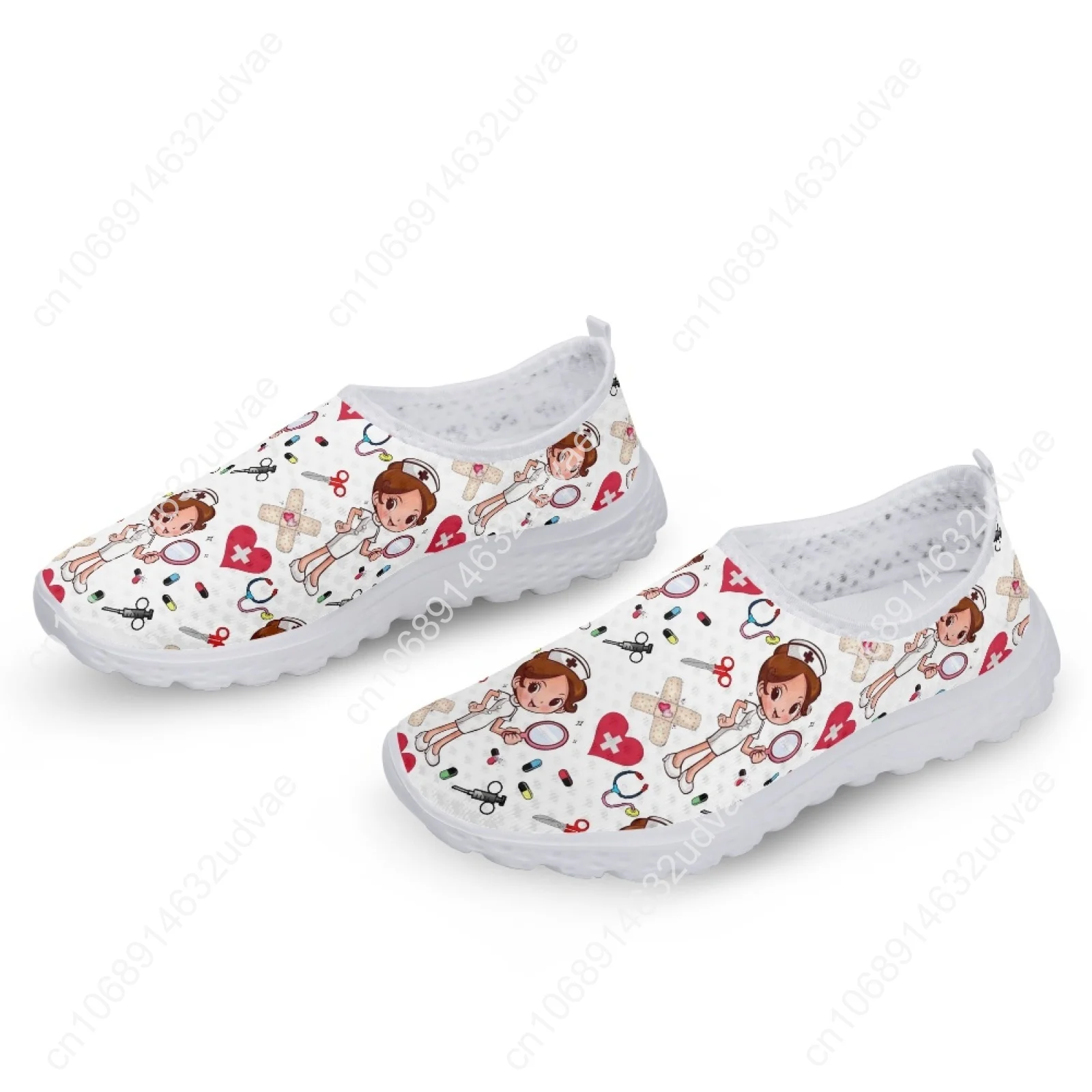 White Flats Women Nurse Cute Cartoon Nurse Women Sneakers Comfortable Breathable Loafers Casual Mesh Walking Shoes