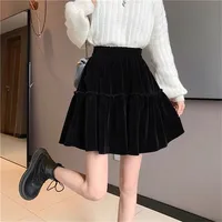 Autumn Winter Women Casual A-line Skirts Brown Velvet Ruffles Basic Mini Skirt Y2K Sweet Girl High Waist Pleated Skirt Plus Size - Image 2
