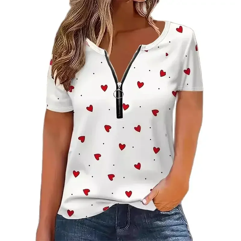 

Fashion O Neck Zipper Splicing T-Shirt Women Small Heart Print Short Sleeve Tops Summer Female Comfortable Casual Commuter Tees