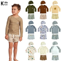 1-7T Summer Kids Boy Swimsuits Vacation Beach Pants Long sleeve Tops with Hat Toddler Sets Fashion Children Surfing Swim Suit 1