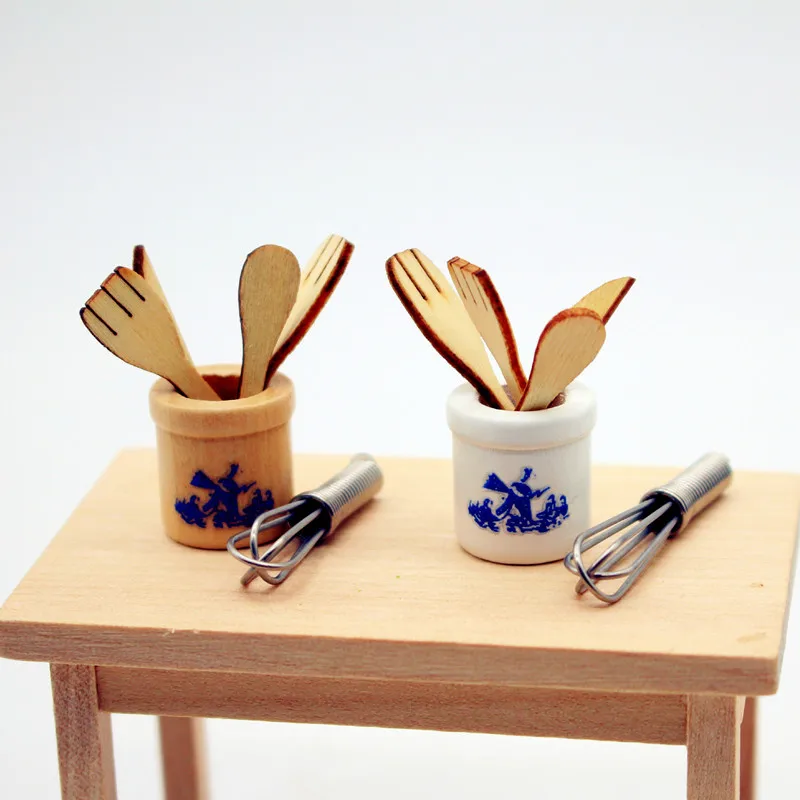 Miniature Dollhouse Kitchen Tools Set Wooden Spatula Knife Fork Egg Beater Jar For Home Decor Photography Props Mini Toys - 2