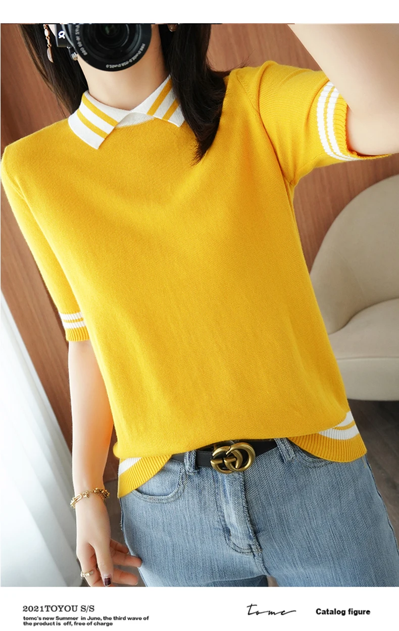 tees children's clothes New Style Women Tops Summer Thin Tees Turn-Down Collar T-Shirt Female Pullover Sweater Woman Jumper Blouse 100% Cotton Knitted t-shirt child girl	