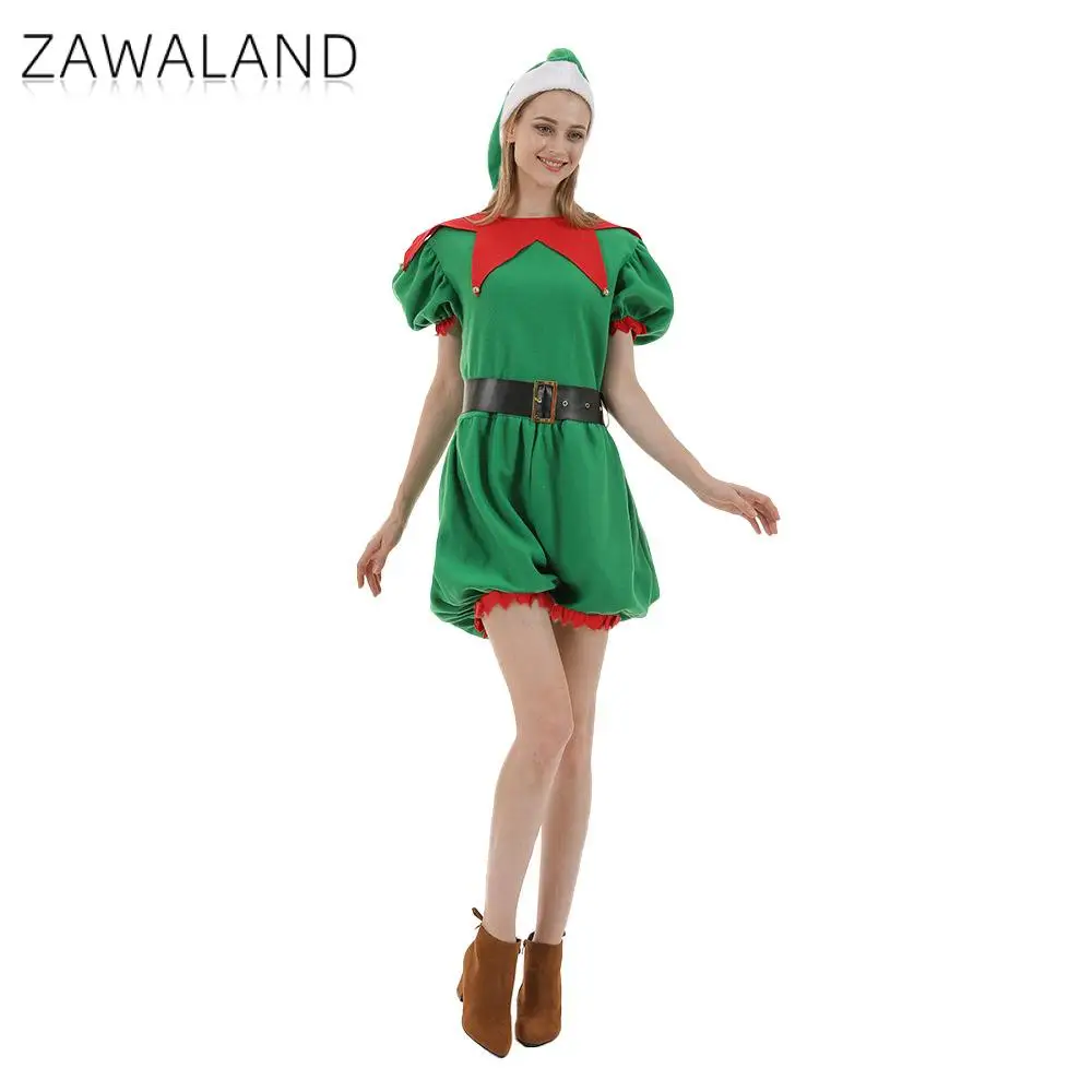 

Zawaland Woman Christmas Elf Costume Short Sleeved Xmas Green Jumpsuit Festival Party Clothes Cosplay Suit with Hat Holiday Gift