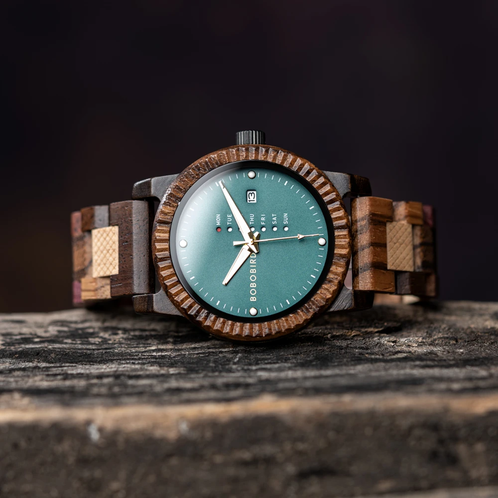 Customized Men's Watch BOBO BIRD Wooden Quartz Watch Week & Date Display With Wooden Gift Box Dropshipping