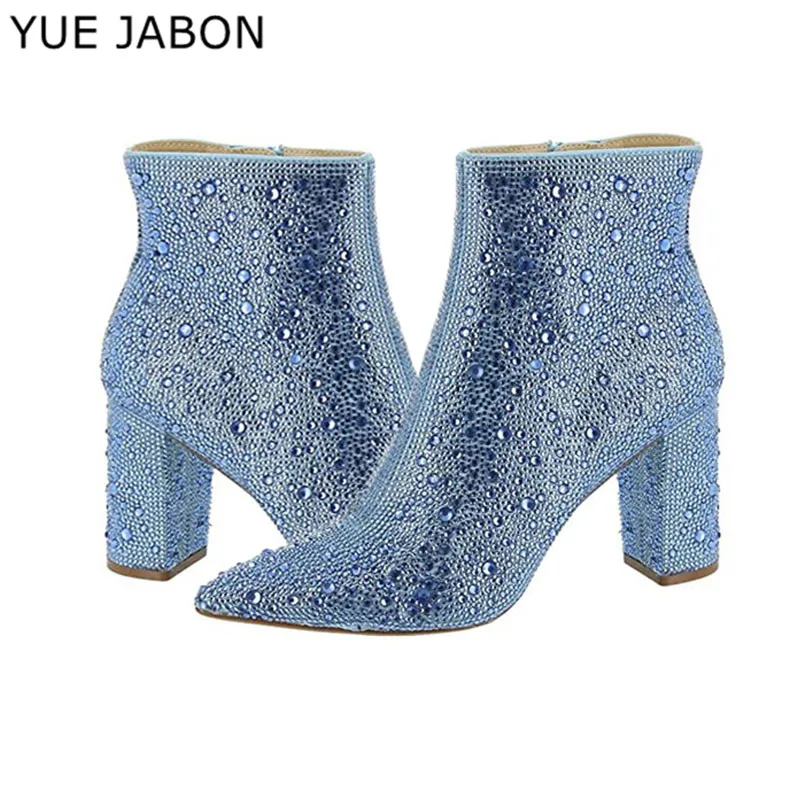Bling Bling Blue Red Crystal Ankle Boots Women Sparkly Rhinestone Chunky Heel Short Booties