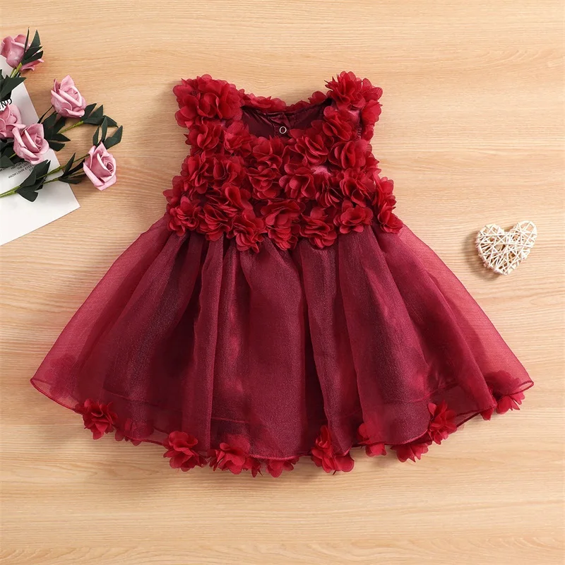 

6M-4T Baby Girl Summer Sleeveless Dress Solid Color 3D Petal Decorative Mesh Hem Dress Cute Princess A-Line Skirt