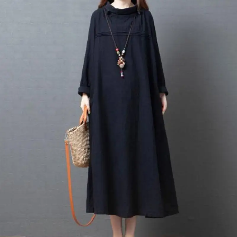 

Женское длинное свободное платье, повседневное простое черное платье из хлопка и льна в западном стиле, весна-осень 2023