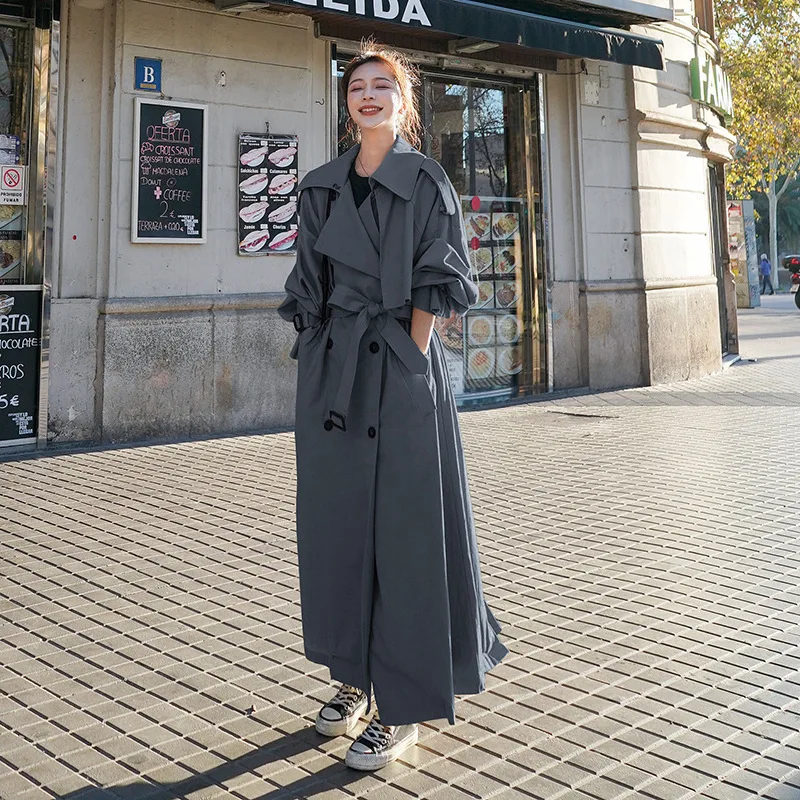 

Korean Style Loose Oversized X-Long Trench Coat for Women Double-Breasted Belted Lady Cloak Windbreaker Spring Fall Outerwear