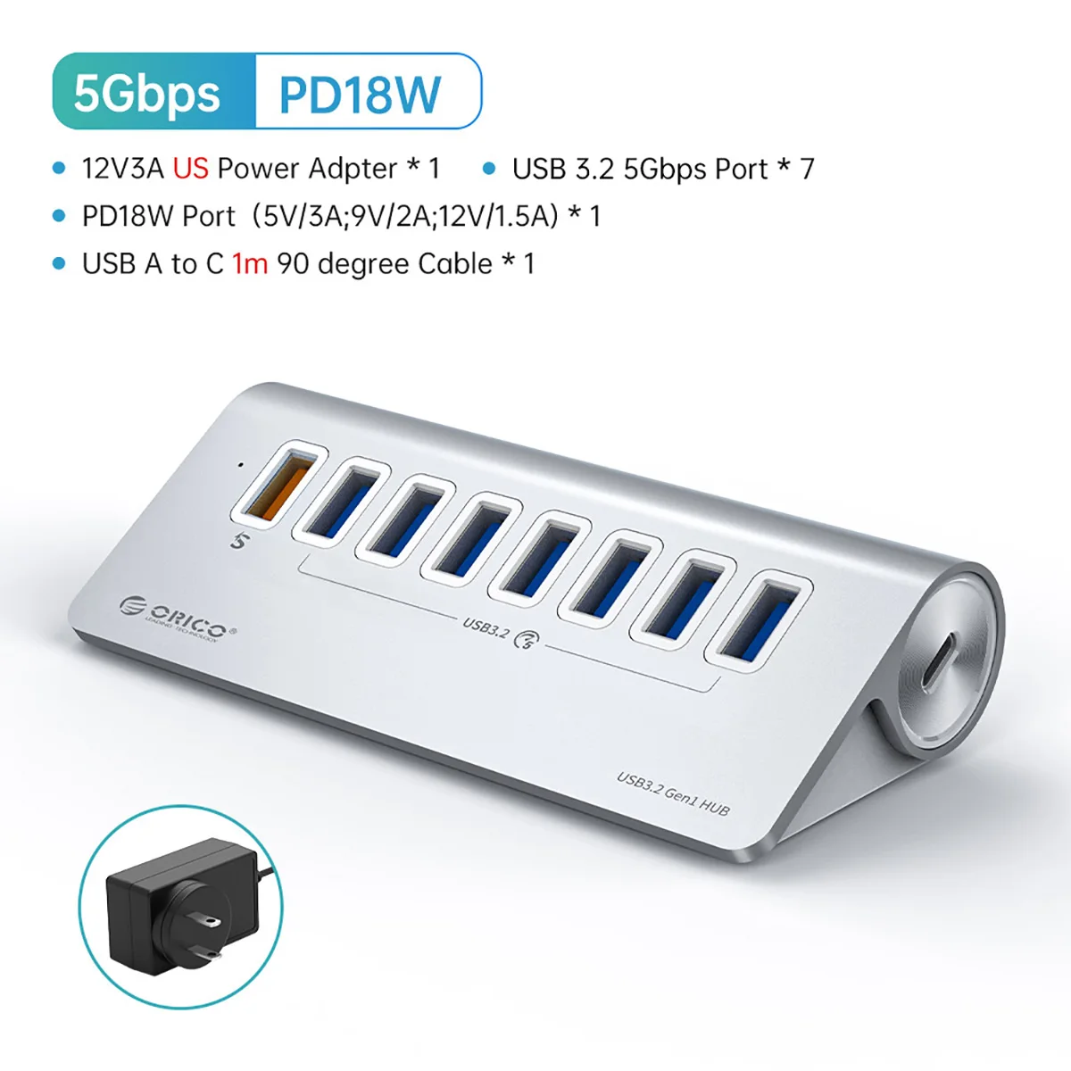 HUB USB 3.0 Alu 7 ports avec adaptateur secteur 12V - Argent