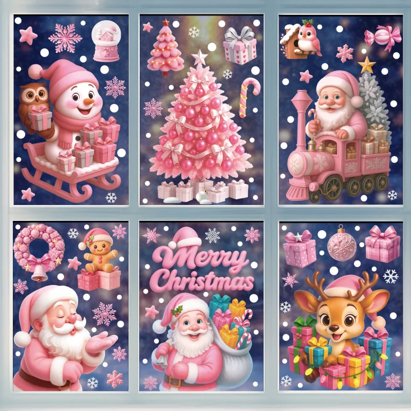 Pink Christmas Mirror Stickers Cartoon Gingerbread Man Sowman Santa Glass Window Stickers Merry Christmas Happy New Year Decor