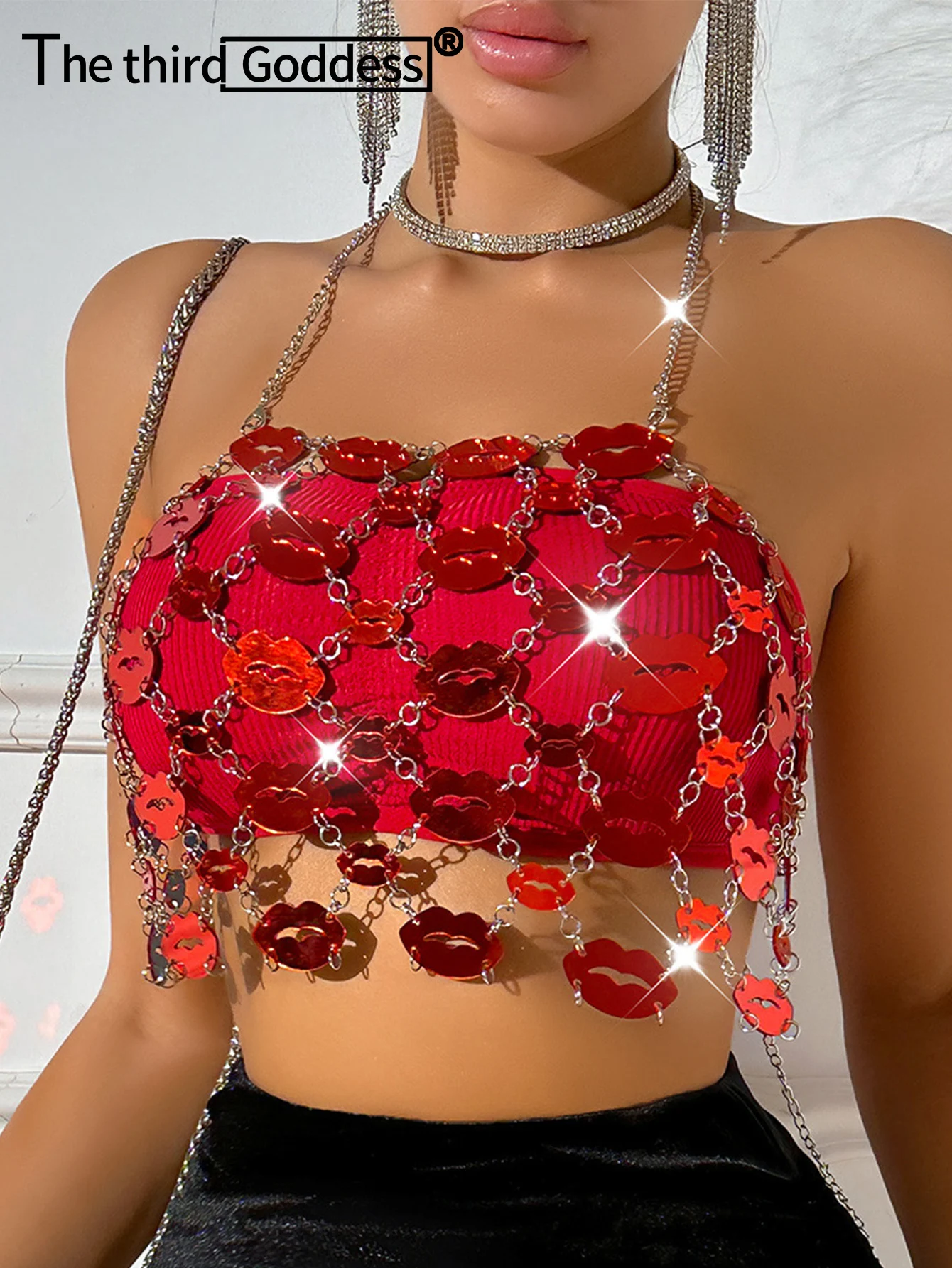 

Sexy y2k clothes metal sequin crop top women summer halter club party tank top see through cropped tops woman 2024 rave outfits