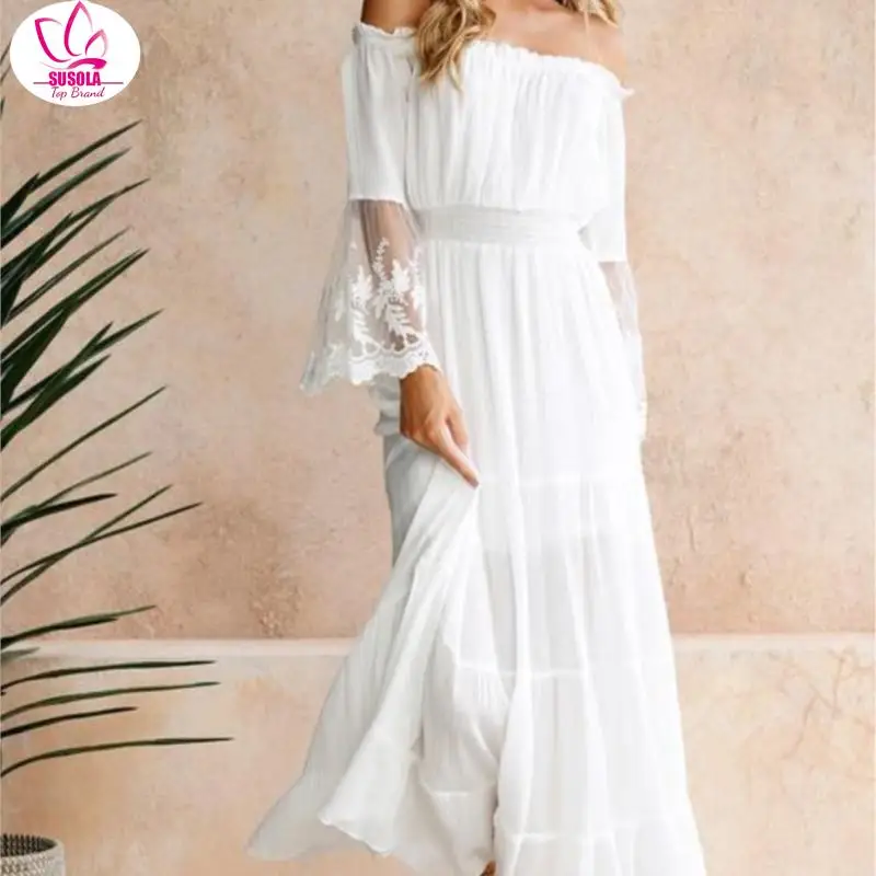 

Summer Sundress Long Women White Lace Beach Dress Strapless Long Sleeve Loose Sexy Off Shoulder Lace Boho Cotton Maxi Dress y2k