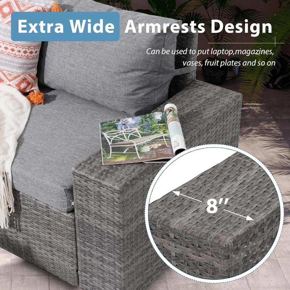 Rattan Patio Sectional Sofa Conversation Set with Coffee Table, PE Wicker L-Shaped Sofa Set for Garden, Garden Sofas 6