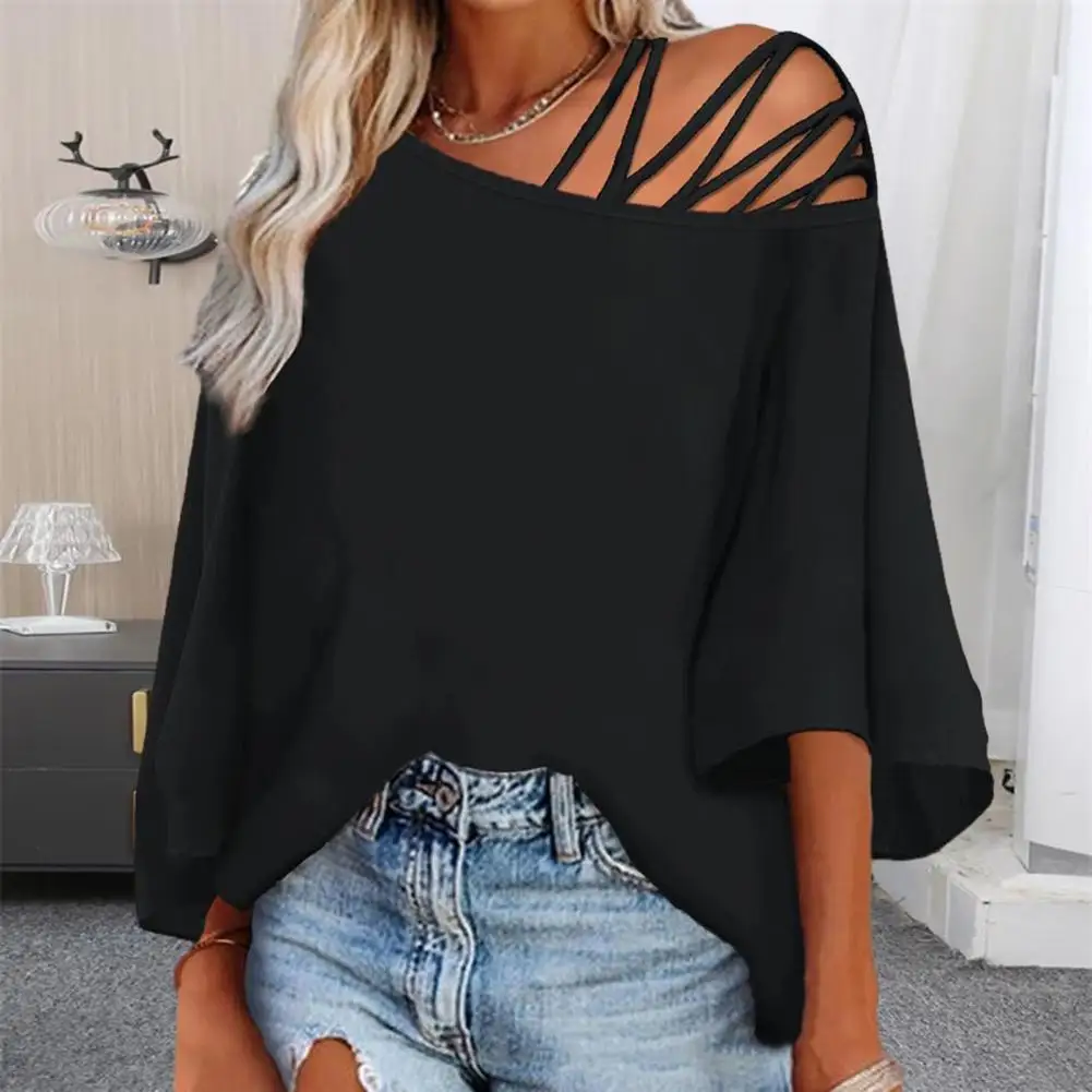 Women One Shoulder Top Stylish Women's One Shoulder Letter Print T-shirt with Hollow Out Detail Soft Breathable for Ladies