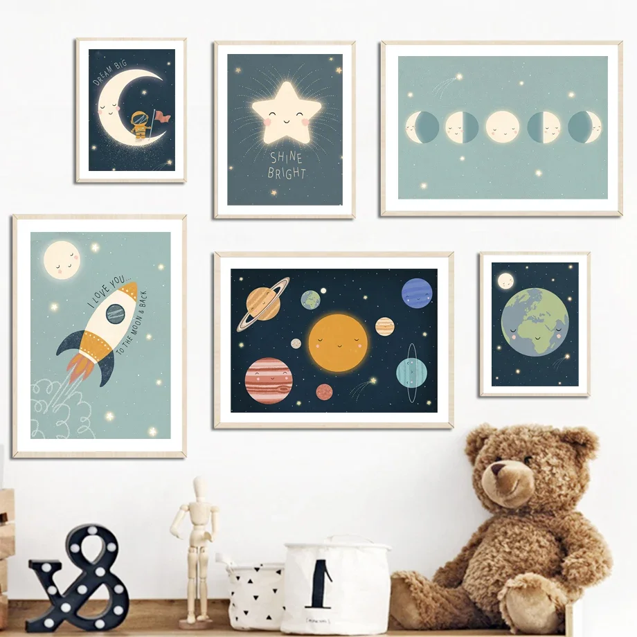 

Moon Phase Universe Cartoon Planet Star Rocket Astronaut Nordic Posters And Prints Canvas Painting Wall Pictures Kids Room Decor