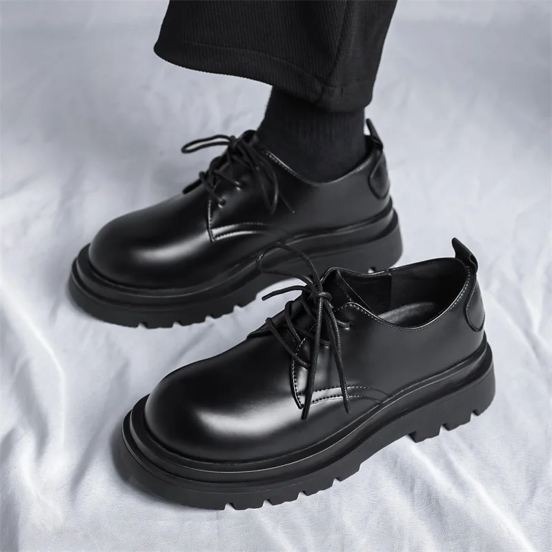 Leather Men's Casual Commuter Business Dress Spring New Carbon Black Thick Sole Heightening Niche Derby Shoes