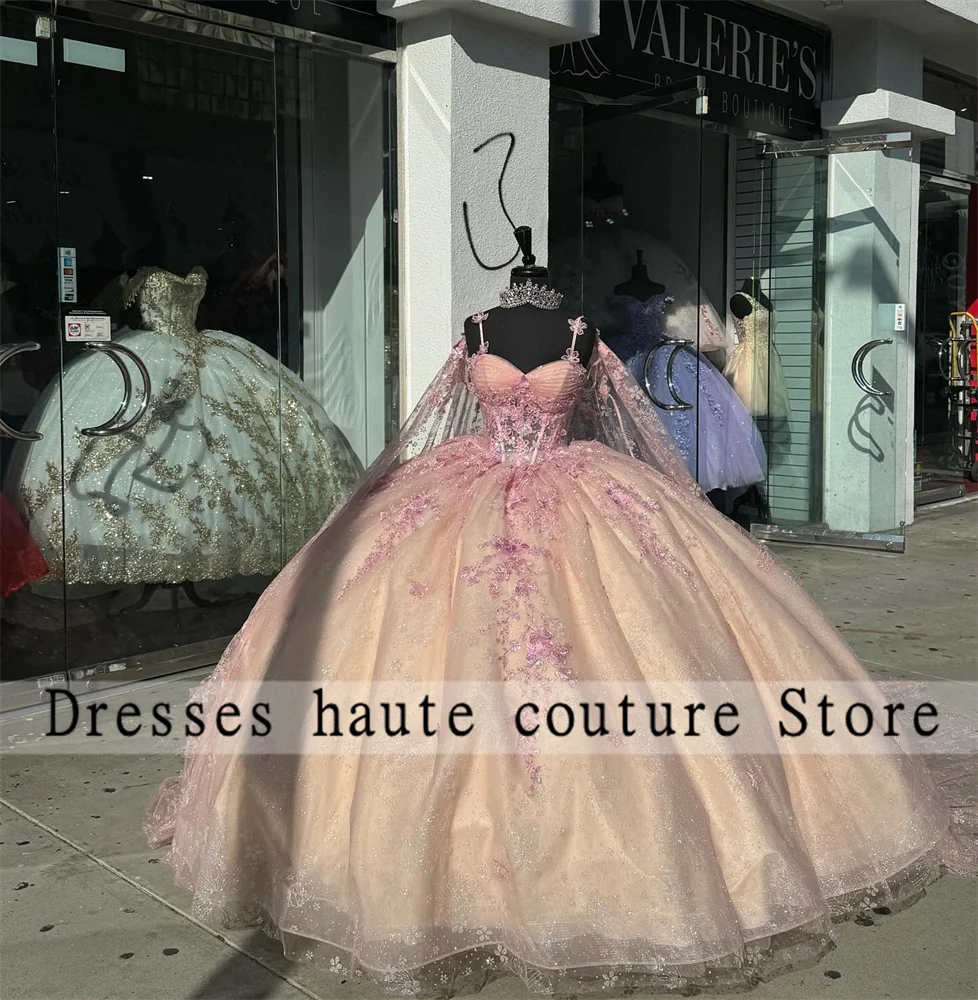 

Pink Sweetheart Ball Gown Quinceanera Dresses 2024 With Cape Lace Appliques Princess Party Dress Vestido De 15 Anos Quinceanera