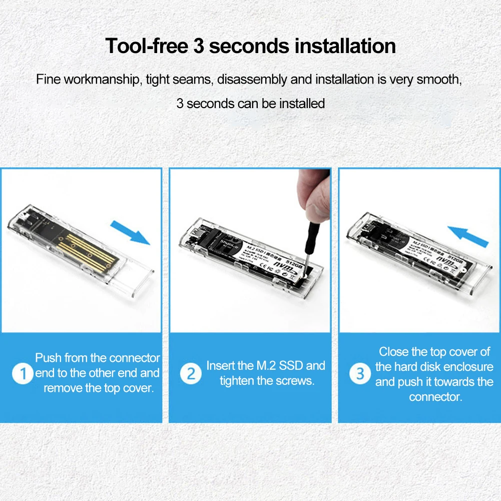M.2 NVME PCIe NGFF SATA 듀얼 프로토콜 SSD 케이스 투명 USB 타입 C 5Gbps PCI-E M2 SSD 투명 외장 케이스 하드 디스크 박스 액세서리