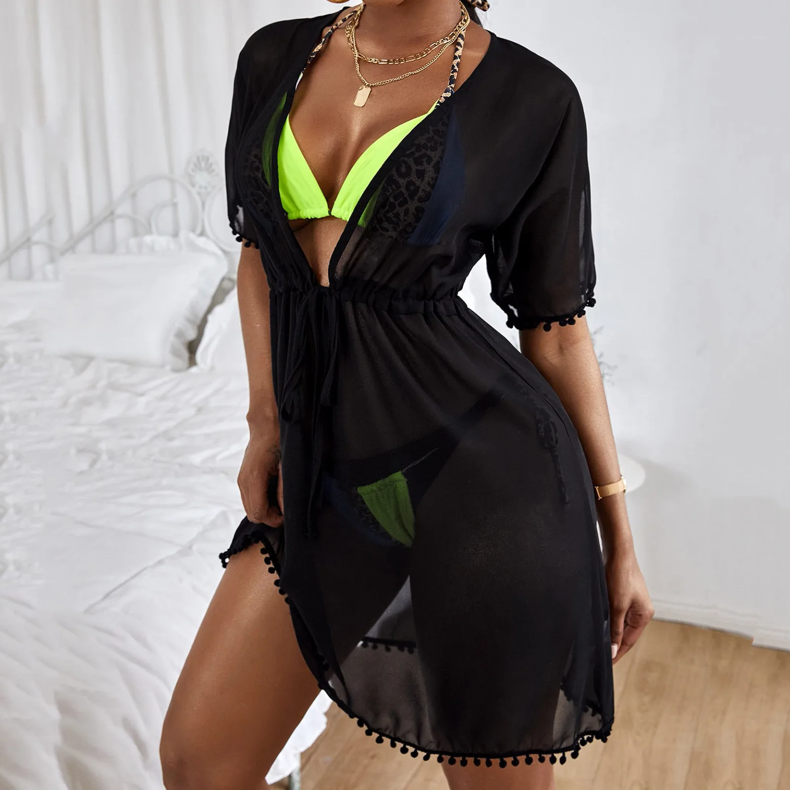 

Sexy Tassels Tem Sheer Mesh Cover Ups Swimsuit Women Short Sleeve Y2k Swimwear Luxury Cover Up Solid Beach Mujer купальник Swim