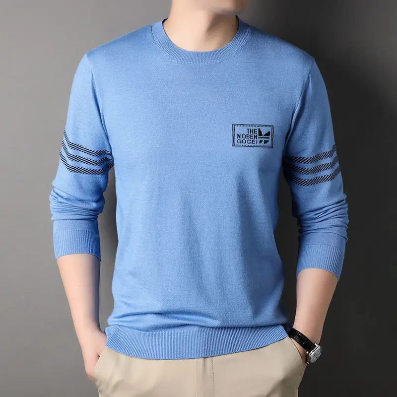 

2023 Spring Autumn New Men Loose Short Thin Loose Long Sleeve Sweater Crewneck Jacquard Fashion Base Casual Fashion Youth Shirt