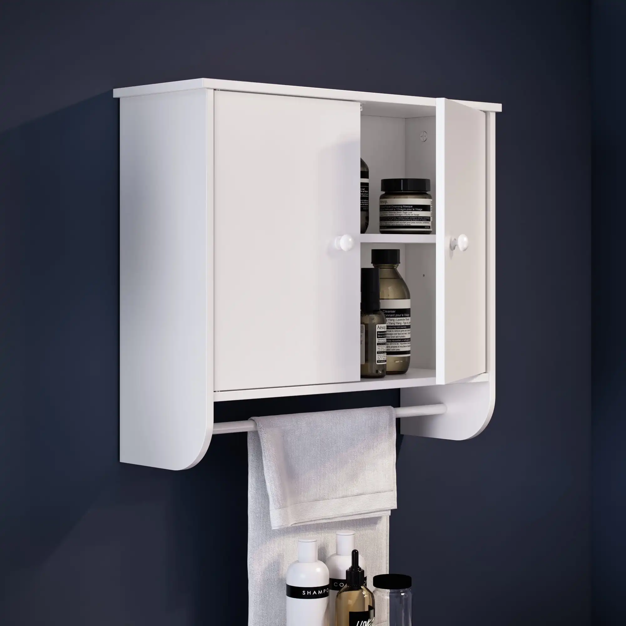 

Two Door Wall Storage Cabinet with Towel Bar and 2 Shelves, White