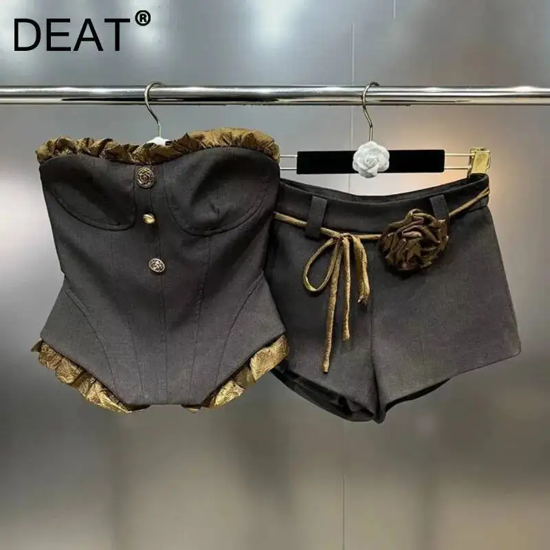 DEAT Fashion Women's Suits Patchwork Edge Strapless Tops High Waist Flower Bandage Shorts Pants Set Female 2025 Summer 29L7325