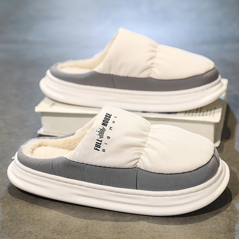 

Slides for Men Winter Indoor House Slip-on Slipper Platform Casual Comfortable Waterproof Breathable Flat Plus Velvet Keep Warm