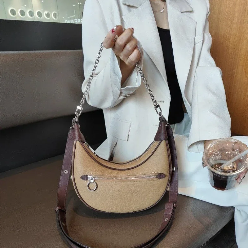 

New Head Niche Layer Cowhide Armpit Chain Crescent Bag Fashion Light Luxury Leather Elegant Shoulder Handheld Pea Women's Bag