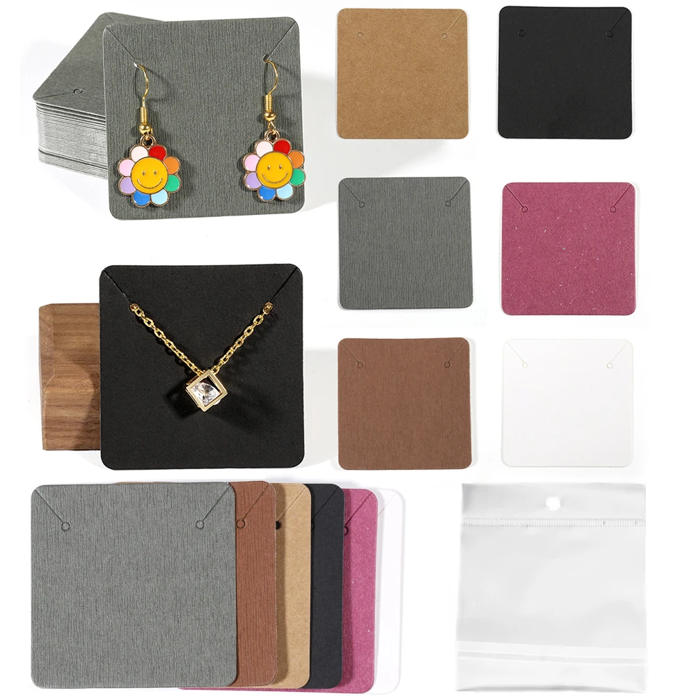 50pcs 5*5cm Kraft Paper Earring Cards and 50 pcs Transparent Self Sealing Bags for Display Earring Jewelry DIY Packaging