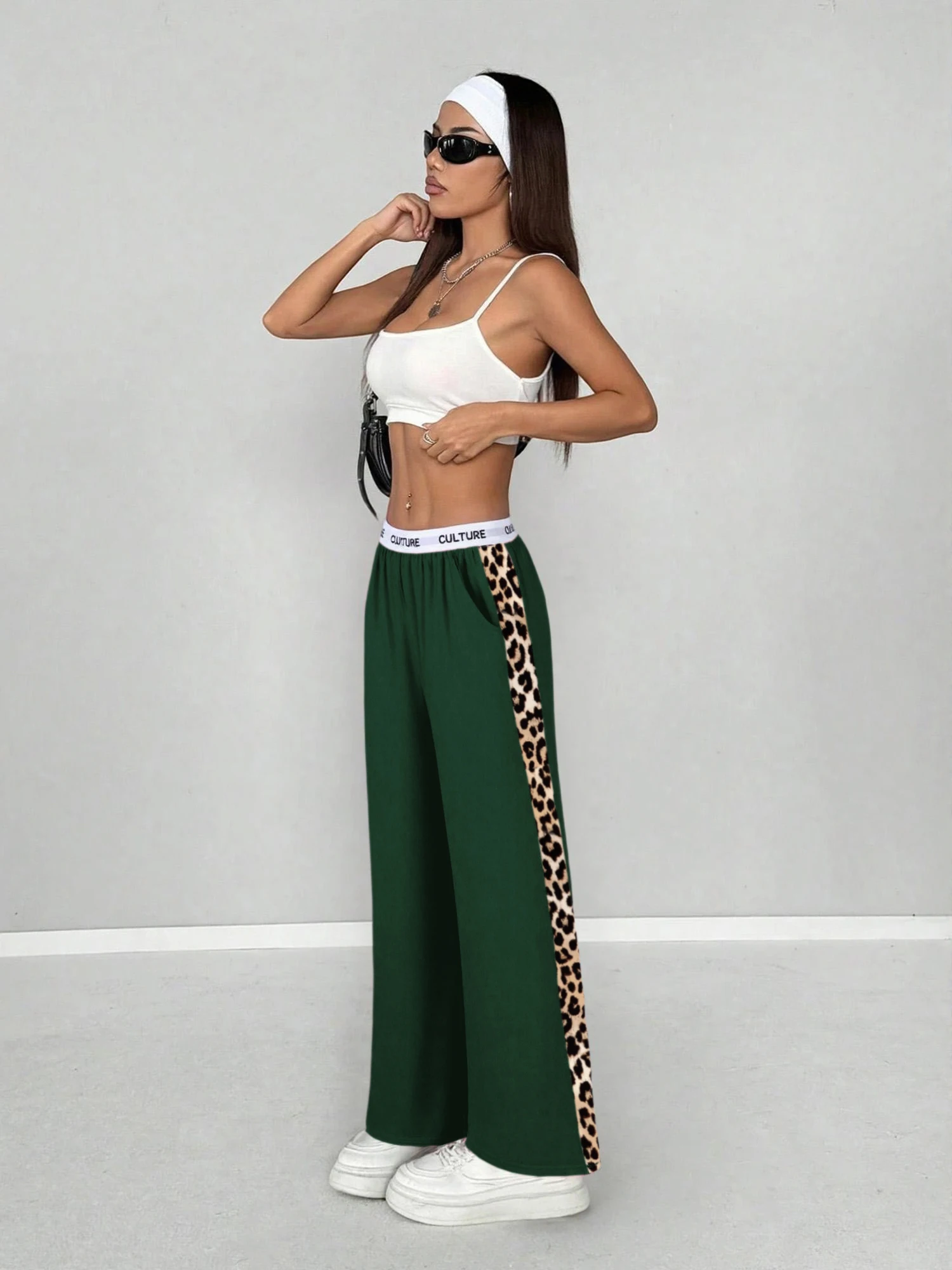 Women’s leopard print wide leg pants with side stripe high waist streetwear trousers black