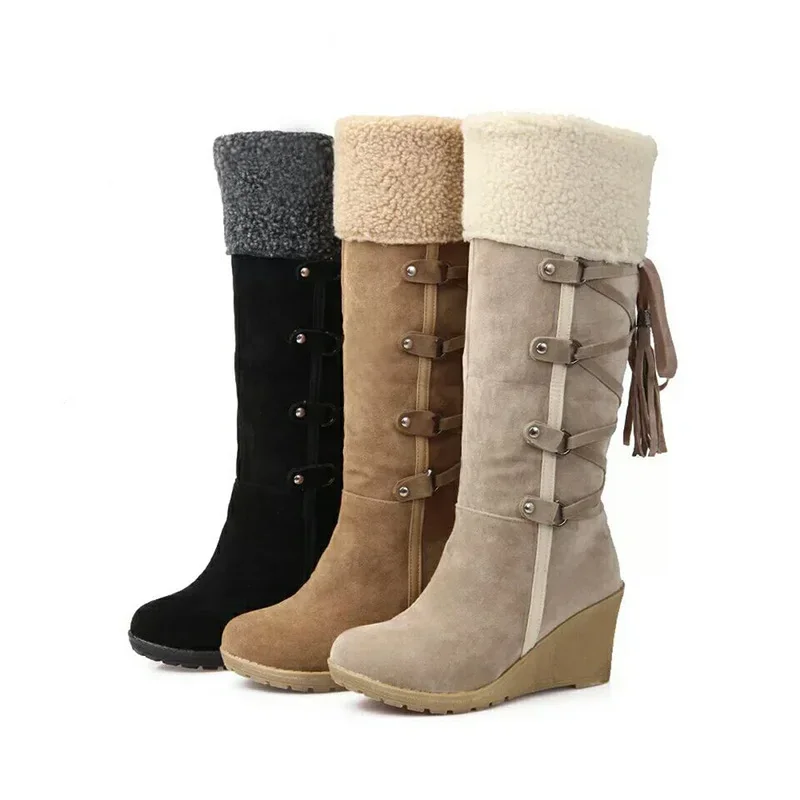 Women Knee Boots Snow Boots Women Winter Shoes Warm Cotton Shoes Cold Winter Knee High Boots Ladies Wedge Heels 7cm Plus Size 42