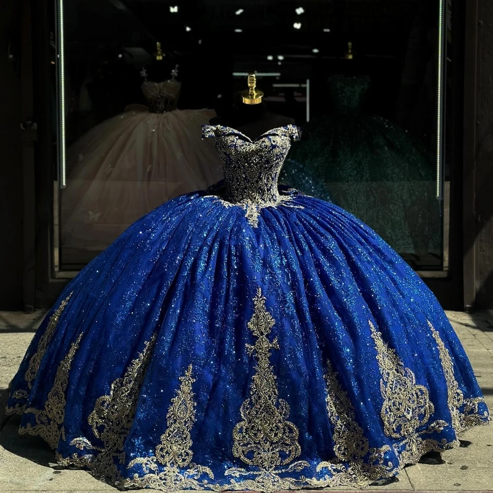 Royal Blue Quinceanera Dress Off Shoulder Gold Lace Applique Ball Gowns  Sweet 16 | eBay