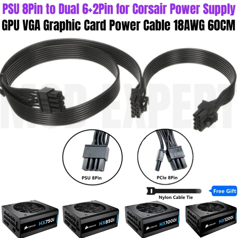 

Original Corsair PSU 8Pin to PCIe Dual 6+2Pin GPU Modular Power Cable for HX750i HX850i HX1000i HX1200i Power Unit 60+20CM 18AWG