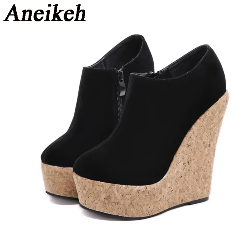 Aneikeh 2025 Spring Autumn Faux Suede Zipper Platform Wedges ANKLE