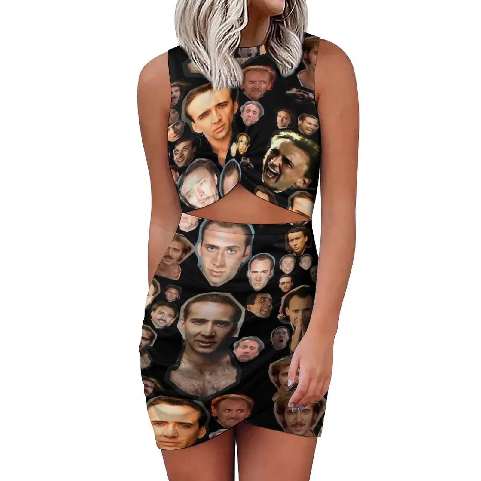 

Nicholas Cage Faces Dress Hollow Out Nick Cage Aesthetic Dresses Holiday Sexy Bodycon Dress Female Design Big Size Vestido