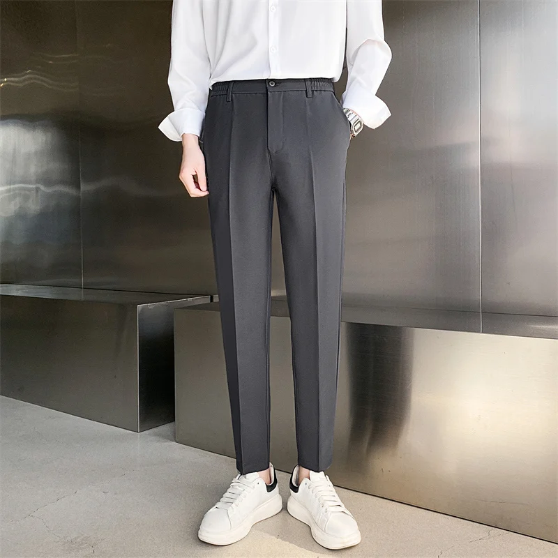 Men Office Business Casual Fashion Slim Fit Ankle-length Suit Pants Male  Korean Streetwear Vintage Black Pencil Trousers Color: Black, Size: 29