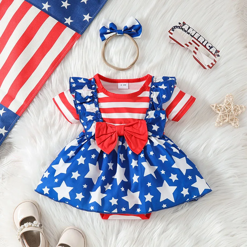 Citgeett Summer Independence DayInfant Baby Girls Bodysuit Dress Flying Sleeve Stars Stripe Print Jumpsuit Headband