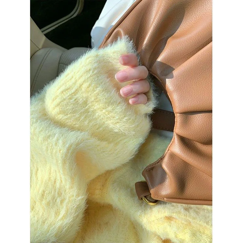 GIDYQ 여성용 가디건 스웨터, 한국 스위트 옐로우 V넥, 부드러운 니트 점퍼, 단색 프레피 스타일, 싱글 브레스트 긴팔 상의