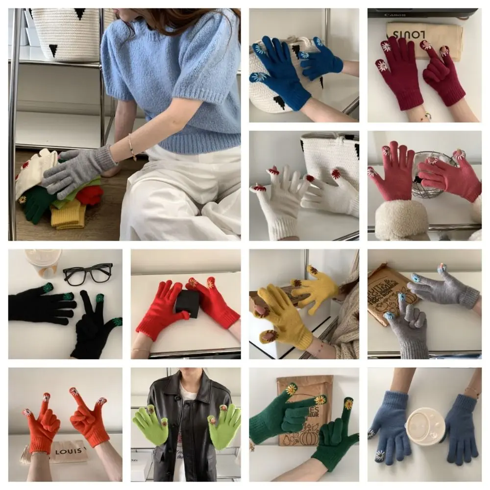 

Plush Thick Daisy Knitted Gloves Warm Full Finger Touch Screen Warm Mittens Thicken Harajuku Student
