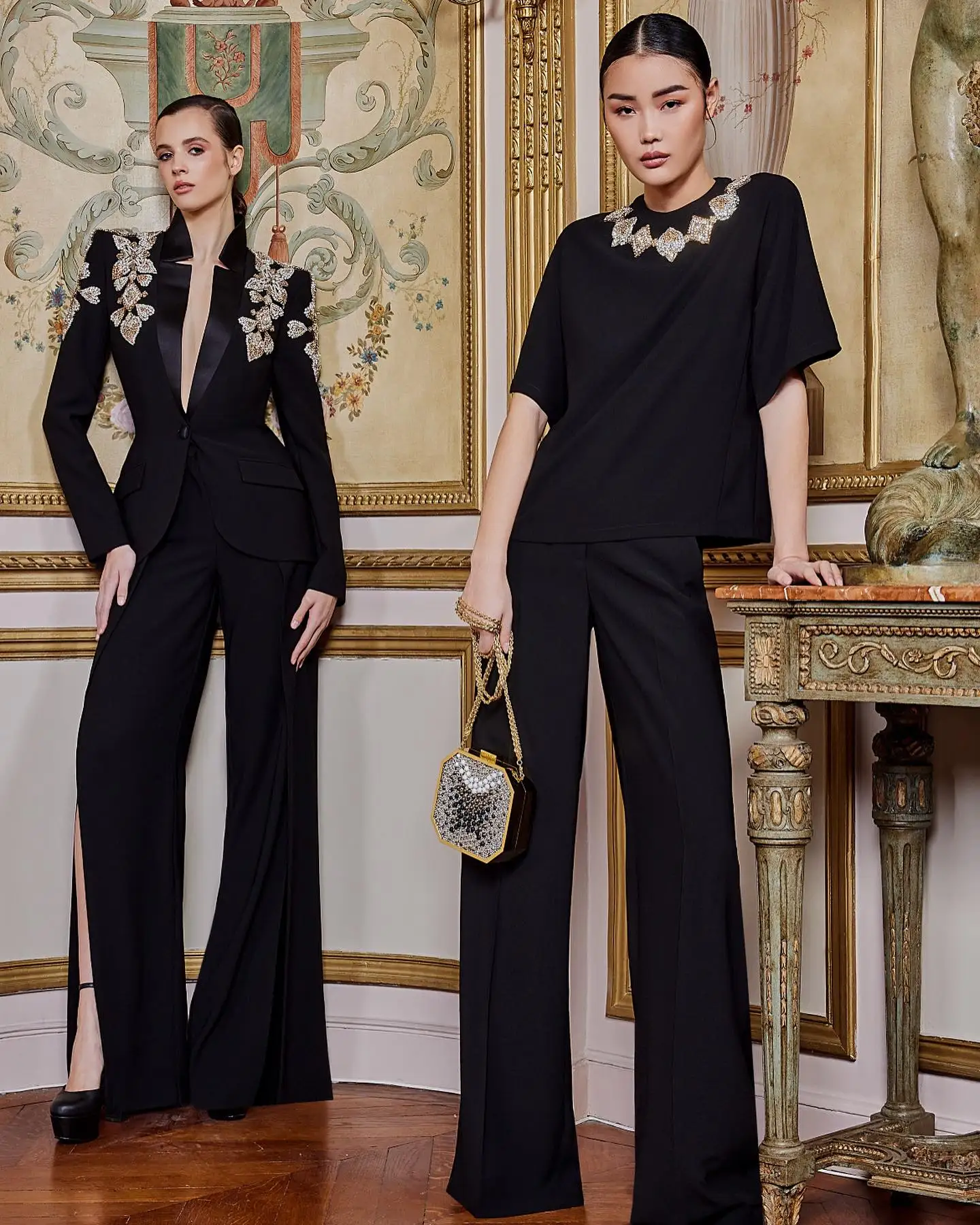 

GORAFASHION Elegant Blazer Suits Long Sleeve Tops Wide Leg Pants Fashion Matching Sets V neck Vintage Evening Suit 2024