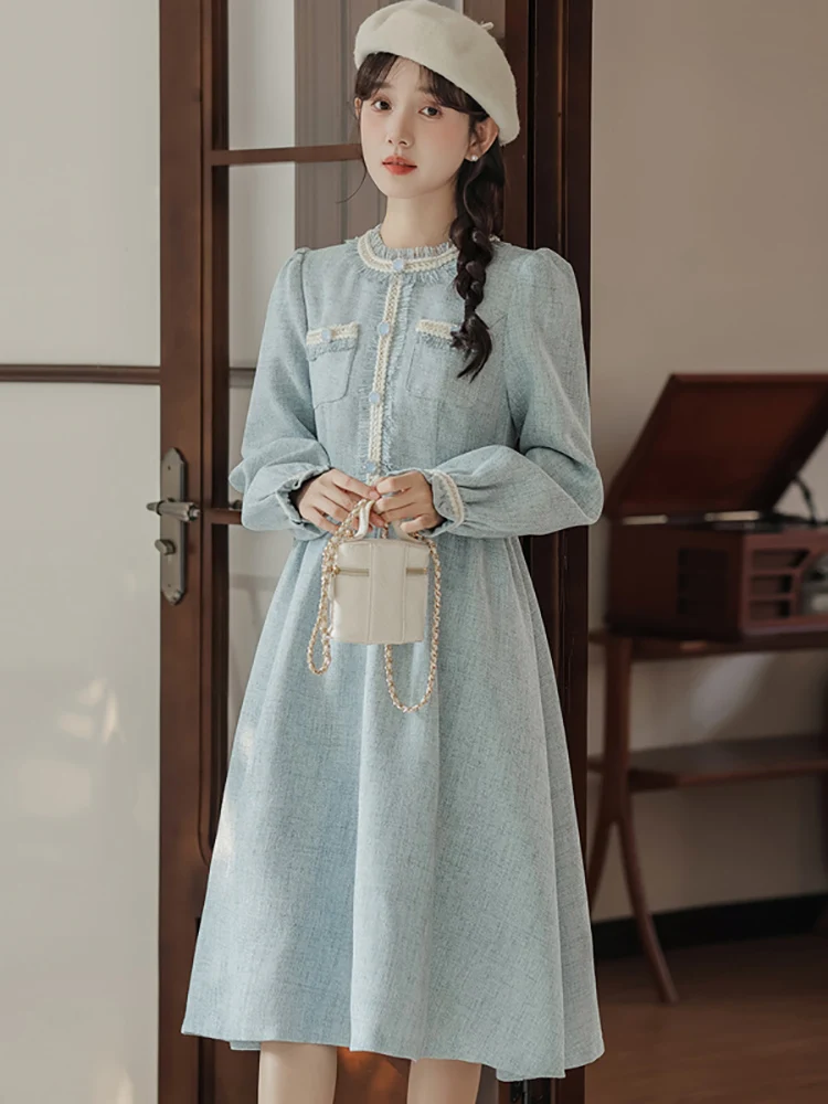 

Autumn Winter Blue Tweed Long Sleeve Chic Ruffled Collar Dress Women Elegant Casual Home Dress 2023 Korean Fashion Bodycon Dress