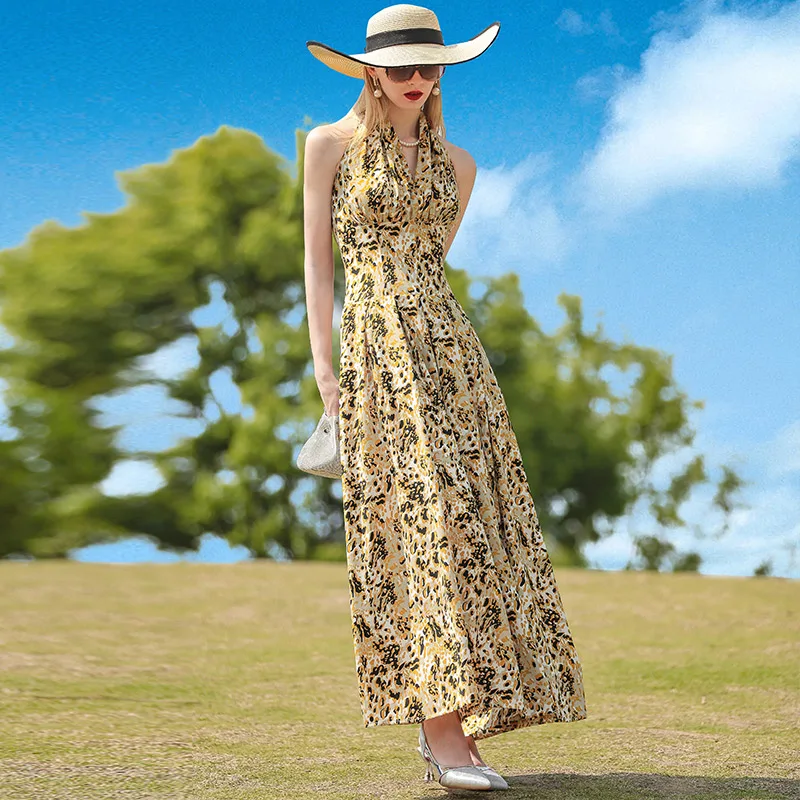 

2023 Beach Style Summer Leopard Printed Long Dress Sleeveless Backless Holidays Vacation Dress Women Events Party Birthday