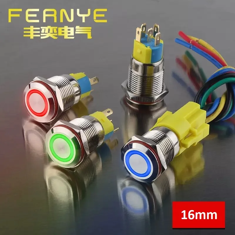 

16mm Metal Push Button Switch Waterproof LED Light Self locking/Momentary Flat Head Ring Symbol Switch with Connector