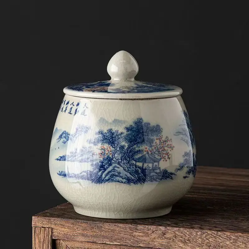 Tea Can Box Ceramic Tea Storage Jar Vintage Blue and White Cracked Sealed Jar Household Moisture-proof Teas Caddies Ceramic tea tin box,tea canister,ceramic storage jar,airtight container