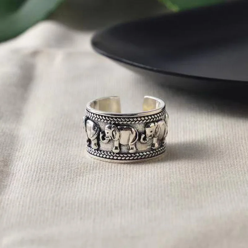Retro Elefant Breiter Ring Für Frauen Männer Silber Farbe Vintage Ethnischen Stil Offener Ring Punk Gothic Zubehör Designer Schmuck Geschenk