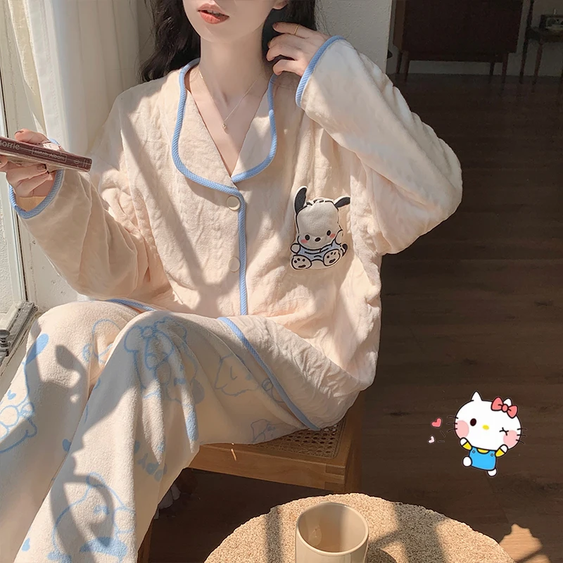 

Sanrios Cinnamoroll Plush Sleepwear Pachacco Winter Leisure Comfort Thickening Coral Velvet Pajamas Kuromi Household Clothes