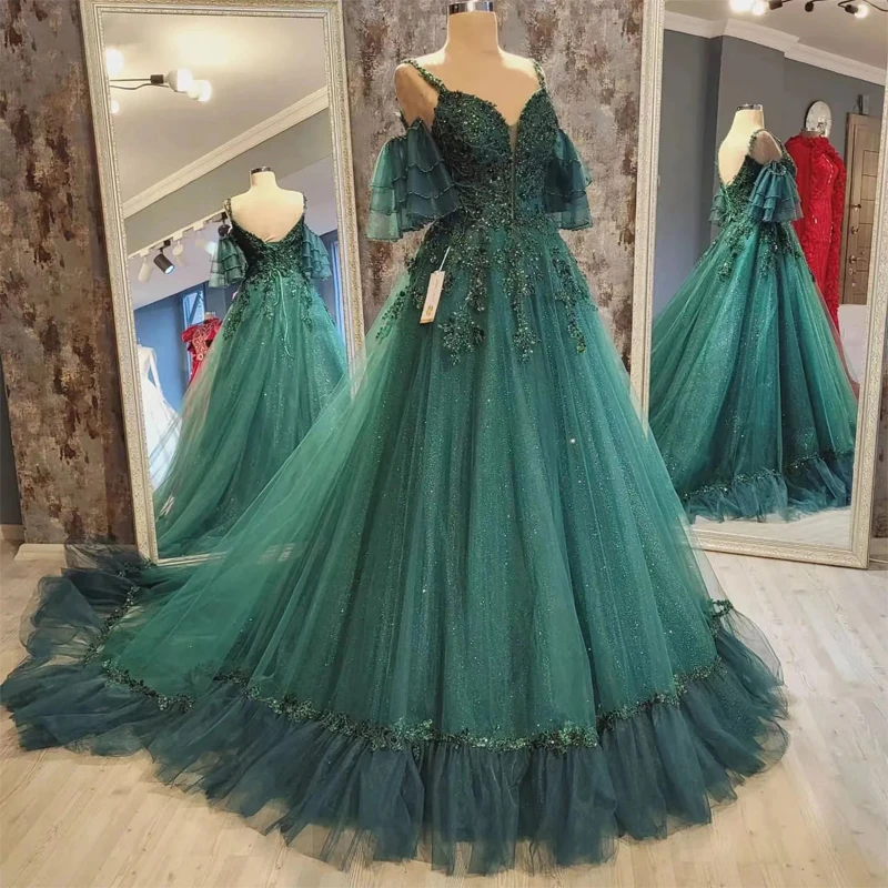 

Angelsbridep Luxury Emerald Green Long Tulle Beaded Evening Dresses For Women Graduation Prom Formal Gowns Robe Soirée